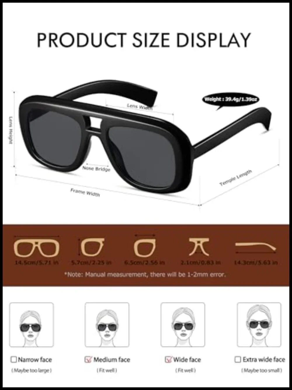 Oversized Square Aviator Sunglasses UV400 Protection Polycarbonate Frame